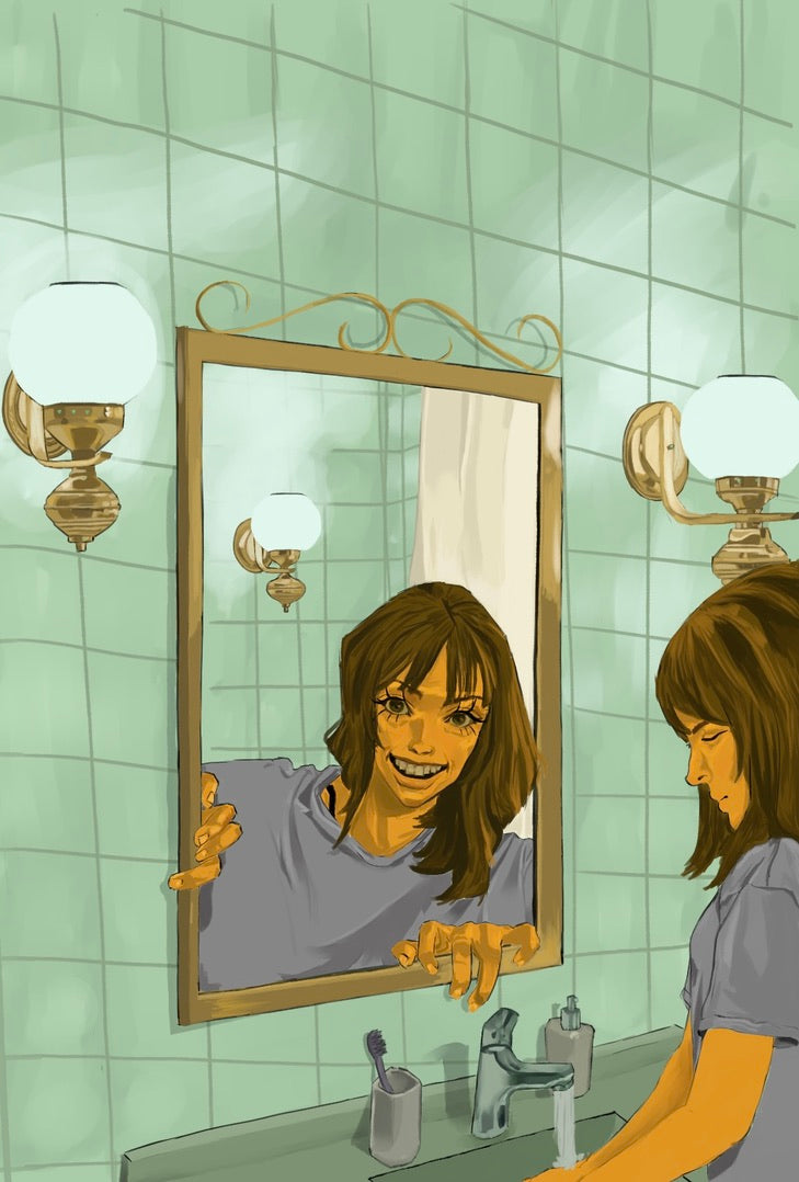 Cartoon-style illustration of a woman looking at herself in a bathroom mirror.